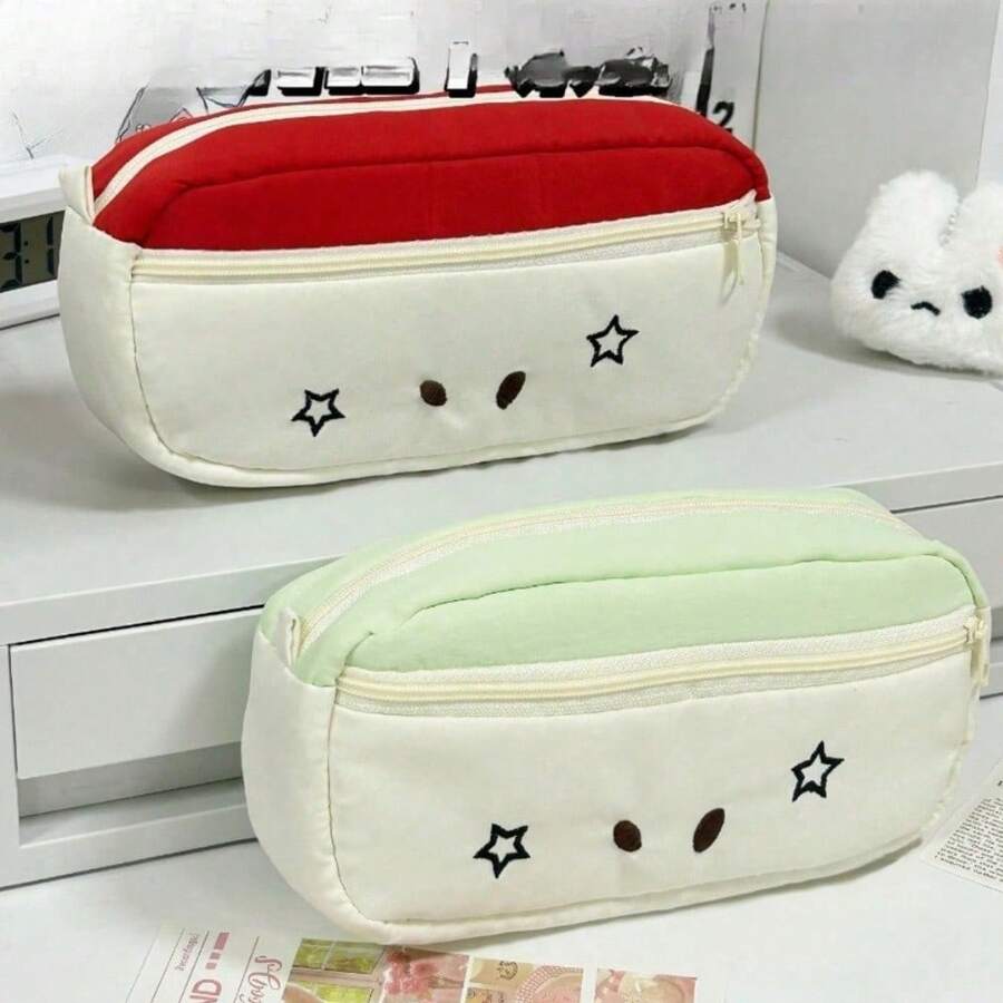 1pc Cute Women's Red/Blue Contrast Star Expression Embroidered Pencil Case, Soft Fabric Material, Multi-Layer Large Capacity Storage Pencil Case, Fresh And Adorable Style, Suitable For Students Back To School, Office Workers, Ideal Gift For Friends And Family - A - View 1