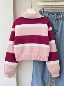 Sweater Polo Lengan Panjang Bergaris Warna Blok untuk Anak Perempuan, Atasan Rajut Pendek Serbaguna Baru untuk Musim Gugur/Dingin - MultiWarna - View 2