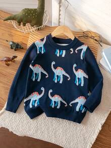 Boys Casual Cartoon Dinosaur Jacquard Crew Neck Long Sleeve Knit Sweater Pullover With Color Block Pattern, Simple Versatile For Daily Casual School Wear, Spring Autumn Winter - Navy Blue - View 1