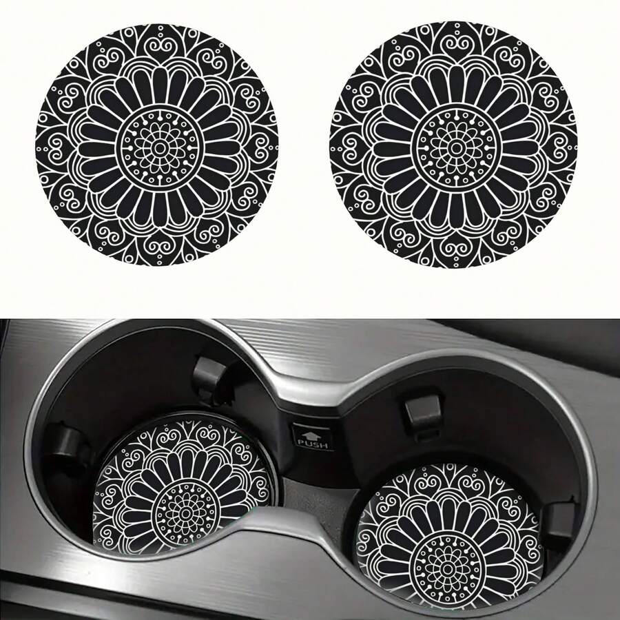 1 Set Of Bohemian Pattern Car Cup Holder Pads, Universal Compatible, Made Of Natural Rubber Anti Slip Polyester Back, Absorbent Knitted Fabric, Cute Cartoon Storage Pad, Used For Vehicle Interior Size 2.8 Inches, Washable, Single Weight 15 Grams - Red Bohemian 2-piece Set - View 1