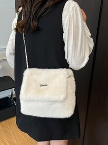 Autumn/Winter New Plush Bag, Solid Color Minimalist Flap Plush Bag, Lightweight Large Capacity Shoulder Crossbody Women's Bag, Chain Square Design, Suitable For Women's Daily Use - White - View 8