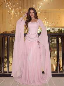 Modphy Elegant Temperament Lotus Sleeves High-End Feel Square Neck Hot Pressed Diamond Nail Bead Design Mesh Splicing, Pleated Edge Dress Party Outfit - Pink - View 3
