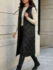 1pc Women's Casual Long Hooded Vest Top Jacket - Black - View 4