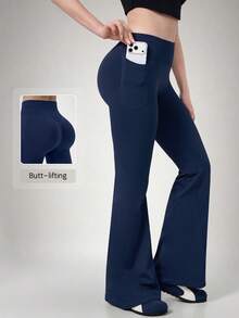 NcmRyu Celana Panjang Wanita 1 Potong Warna Blok dengan Lipatan Pinggang Tinggi untuk Lari, Gym, dan Yoga dengan Potongan Kaki Melebar - Navy Blue - View 11