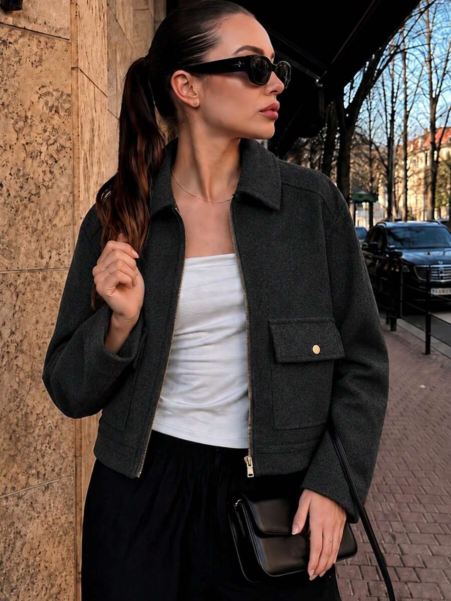 Women's Soft New Autumn/Winter Zip-Up Short Jacket, Long Sleeve With Pockets, Aviator Style