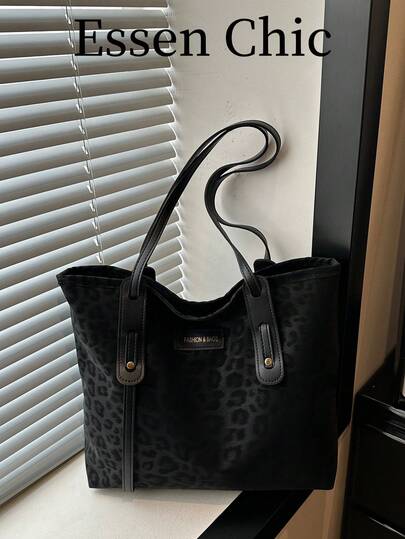 1pc Black Large Capacity Vintage Leopard Print PU Tote Bag Women's Shoulder Bag