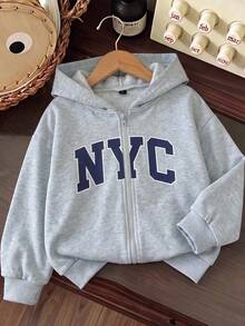 1pc Young Girls New Letter Print Zip-Up Hooded Jacket Cute Casual Children's Sweatshirt - Light Grey - View 1