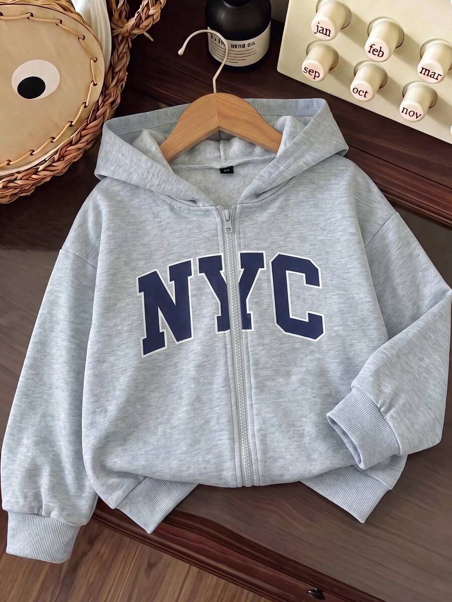 1pc Young Girls New Letter Print Zip-Up Hooded Jacket Cute Casual Children's Sweatshirt - Light Grey - View 1