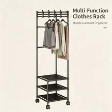 Mobile Garment Rack With Wheels, Multi‑Functional Metal Clothes Stand With Top Hooks & 3‑Tier Storage Shelves, Freestanding Clothing Organizer For Bedroom Entryway - View 8