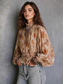 Vintage Bohemian Floral Print Cinched Waist Chiffon Women's Blouse With Floral Print Chiffon Ruffle Trim Pleated Hem For Dating And Daily Wear In Autumn - Orange - View 2