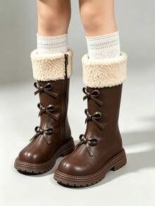 Girls' Brown Plush Fold-Over Bow High-Top Boots | Side Zipper Thick Sole Anti-Slip Thermal Lined Warm Boots For Autumn/Winter - Brown - View 7