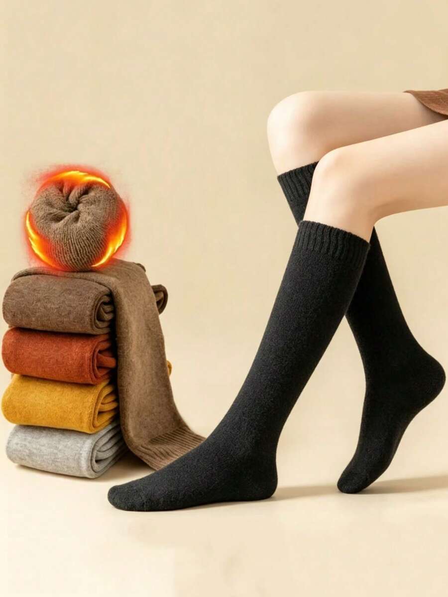 chuanwa（2） 1 Pair Women's Fashion Autumn/Winter Solid Color Thickened Warm Elastic Slim Fit Mid-Calf Socks