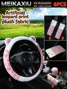 3/4/5/6PCS Sarung Setir Mobil Berbahan Plush Motif Leopard Buatan Tanpa Cincin Dalam, Sarung Rem Tangan, Sarung Tuas Persneling, Pelindung Bahu, Bantalan Sandaran Tangan, Aksesoris Dekorasi Mobil untuk Wanita - Set telinga motif macan tutul mewah - View 15
