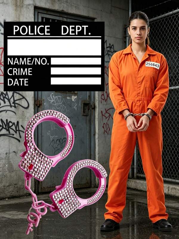 1pc/2pcs Prisoner Theme Costume Props Set, Classic Orange Prison Uniform For Halloween, Theme Party, Mystery Game, Jail Prisoner Look With Fillable Police Wanted Sign, Pink Rhinestone Handcuffs With Key, Decorative Costume Accessory, Eye-Catching Outfit For Adult Stage Performance, Party Prank, Photo Shoot