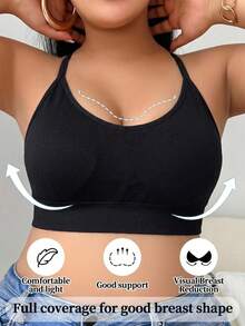 1pc Plus Size Ribbed Wire-Free Bra, Y-Shaped Criss-Cross Back Strap, Back Hook Closure, U-Neckline, Soft & Medium Stretch, Seamless Support, Suitable For Curvy Women's Daily Wear And Light Exercise - Black - View 4
