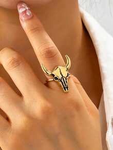 1 Pair Western Cowboy Style Minimalist Premium Oversized Bull Head Rings (Unisex) - Vintage Gold 2 - View 1