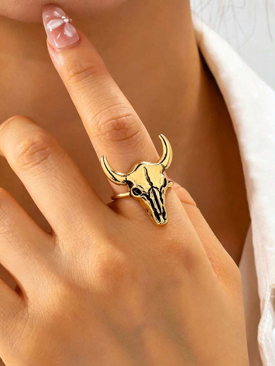 1 Pair Western Cowboy Style Minimalist Premium Oversized Bull Head Rings (Unisex) - Vintage Gold 2 - View 1