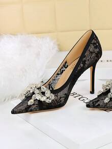 European & American Style Sexy Party High Heel Pumps For Women, Lace Mesh Rhinestone Bow Pointed Toe Low Vamp Shoes - Black - View 6