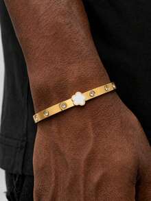 1pc 18K Gold Plated Stainless Steel White Mother Of Pearl Clover Rhinestone Inlaid Thin Bracelet, Luxury Unisex Daily Versatile Holiday Gift Bangle - Gold - View 2