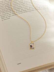 Personalized Photo Necklace, Customized Square Photo Pendant, Engraved Back, Pet Memorial Gift - Multicolor - View 6