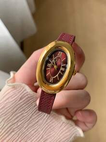 1件可調節紅色PU錶帶紅色錶盤極簡條紋刻度女款商務石英腕錶，適合日常佩戴 - 紅色 - 查看 1