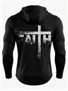 Men's Personalized Print Hooded Sports Top, Quick-Dry Fitness Running Training Long Sleeve Hoodie - Black - View 3
