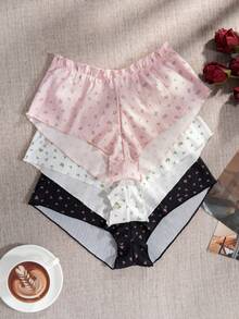 3pcs Ditsy Floral Ribbed Knit Wavy Edge Mid-Waist Panties, Cute Soft Breathable Women's Hipster Underwear Set - Multicolor - View 5