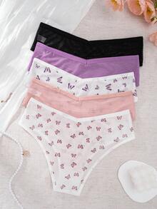 5pcs Butterfly Print Mesh Women's Triangle Panties, Lightweight Breathable Low Waist Multi-Color Assorted Underwear - Multicolor - View 2