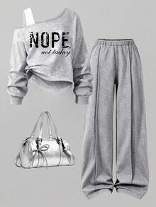 Youth Girl Letter Print Round Neck Asymmetric Shoulder Long Sleeve Top And Pants - Grey - View 1