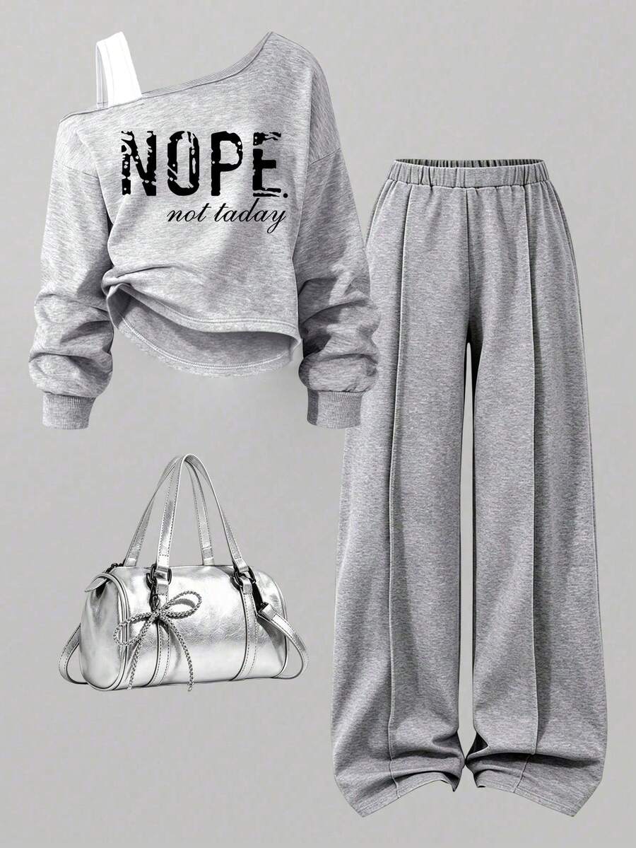 Youth Girl Letter Print Round Neck Asymmetric Shoulder Long Sleeve Top And Pants - Grey - View 1