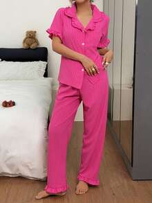 2pcs Women's Pajama Set, Classic Striped Ruffle Trim Short Sleeve Long Pants Pajama Set, Open Front Lapel Comfortable Pajamas - Soft Short Sleeve Button Up Top And Elastic Waist Long Pants, Casual Loungewear - Hot Pink - View 3