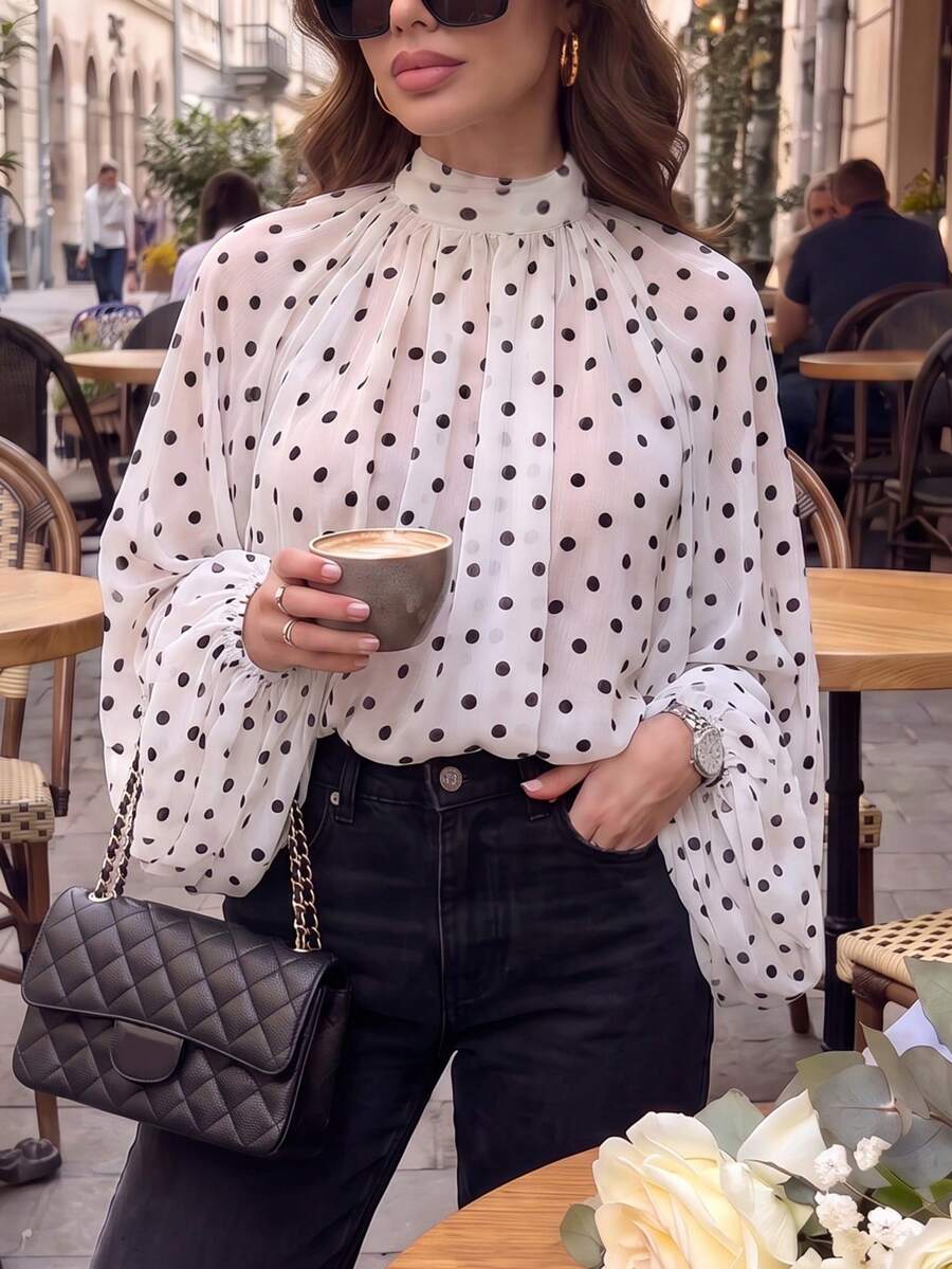Plus Size Women's Pure White Polka Dot Elegant Chiffon Stand Collar Loose Tie Back Blouse, Suitable For Vacation Beach Spring Autumn - White - View 1