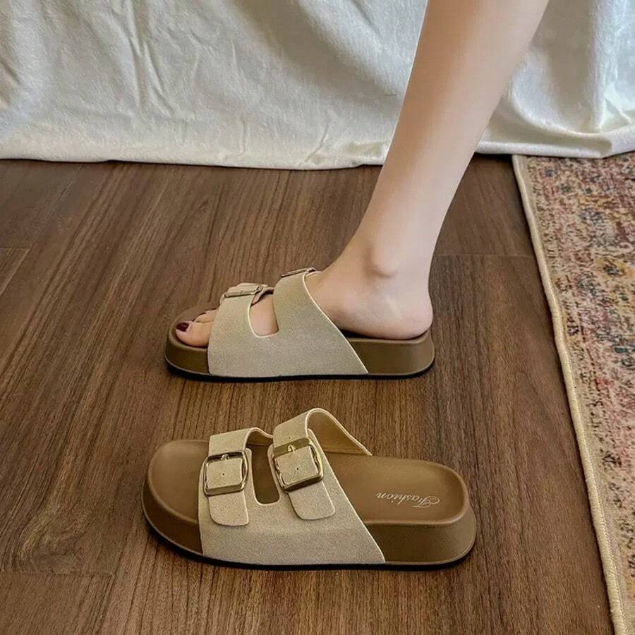 Sandal Wanita Musim Panas Terbaru dengan Tali Ganda dan Sol Tebal, Gaya Retro Serbaguna dan Elegan, Sandal Selop Pantai Longgar dan Ringan yang Indah - putih pucat - View 1