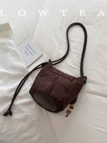 low tea 1pc Small Bucket Suede Fabric Shoulder Bag Suitable For Commuting, Shopping, Etc. (With Pendant) - Coffee - View 5