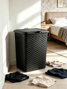 Plastic Rattan Laundry Hamper With Lid, Large‑Capacity Breathable Dirty Clothes Basket With Sturdy Handles & Dust‑Proof Cover, For Bathroom, Laundry Room, Bedroom & Closet, Perfect For Family And Dorm Students To Store Garments, Towels & Linens - Multicolor - View 1
