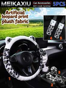 MEIKAXIU 3/4/5/6PCS Car Accessories Set, Artificial Leopard Print Plush Car Steering Wheel Cover Without Inner Ring, Matching Handbrake Cover, Gear Shift Cover, Shoulder Guard, Armrest Box Pad, Car Decoration Items For Women - Leopard Print Plush Set With Ears - View 15