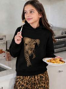 Tween Girl 1pc Leopard Print Thermal Lined Thick Warm Hooded Sweatshirt, Young Student Children's Clothing, Suitable For Kids' Autumn/Winter Wear - Black - View 1