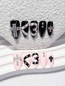 10pcs Pink & Black Cross & Number 3 Press-On Nails, Rhinestone & Stud Decor Fake Nails, Almond Shape Gothic Punk Nail Art Tips, Nail Supplies (1pc Jelly Glue + 1pc Nail File) Handmade Press On Nails - Multicolor - View 2
