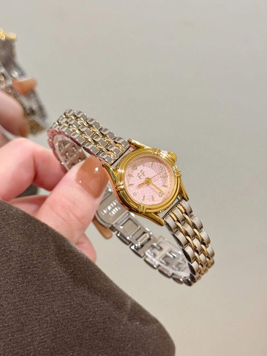 1pc Small Round Quartz Watch, Dual-Tone Gold & Silver Band, Pink Textured Dial, Elegant Women's Watch, Suitable For Daily Wear - Silver and Gold - View 1
