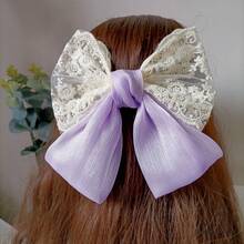 1pc Pink French Lace Stitching Pearl Bow Hair Clips, Elegant Shiny Bow Hair Clips For Women, Daily Party Holiday Style. - Multicolor - View 3