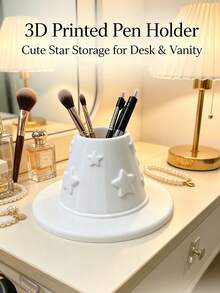 Highly Attractive White Star Embossed Makeup Brush Holder, INS Luxury Style Makeup Brush Organizer, Multi-Functional Vanity & Office Desk Storage Organizer - White - View 4