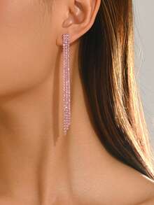 1 Pair Minimalist Blue Rhinestone Tassel Earrings Suitable For Women's Party, Evening Gala, Stage Performance, Music Festival And Other Occasions - Pink - View 2