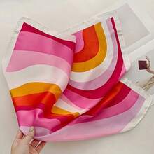 1pc Pink Multicolor Satin Square Scarf - Soft & Lightweight, Fashionable Accessory, Elegant Striped Design - Multicolor - View 2