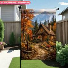 1 Pc Garden Flag, Stone Cottage Golden Autumn‑Tree Snow‑Mountain Print, Stone Path Old Well Floral Details, Flag Only No Pole, For Yard Outdoor Decor - A - View 6