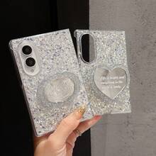 1pc Girls Glitter English Heart Mirror Stand And Rabbit Stand Phone Case, Back To School Gift, Birthday Gift, Graduation Gift, Compatible With Samsung Galaxy Z Fold8, Galaxy Z Fold8Ultra - Multicolor - View 3