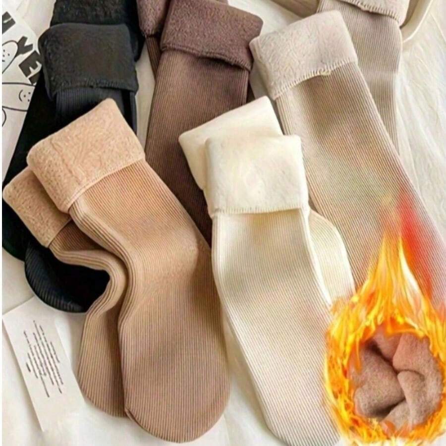 5 Pairs Comfortable Wool Winter Socks, Thick And Warm, Soft Texture, Earth Tone Design, Made Of Polyester And Nylon, Knitted Fabric, Solid Color Style, Suitable For Cold Weather/Yoga/Sleep Scenes, Showcasing Fashionable Women's Charm - Multicolor - View 1