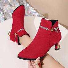 Matte Leather Boots Women's 2026 Autumn/Winter Chelsea Ankle Boots Mid-Heel Thermal-Lined Pointed Toe Rhinestone Chunky Heel Red Boots - Red - View 6