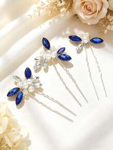 3pcs Blue Rhinestone Pearl Flower Bridal Hair Clips, Elegant Wedding Bridesmaid U-Shaped Hair Pins, Prom Party Hair Accessories - Multicolor - View 5