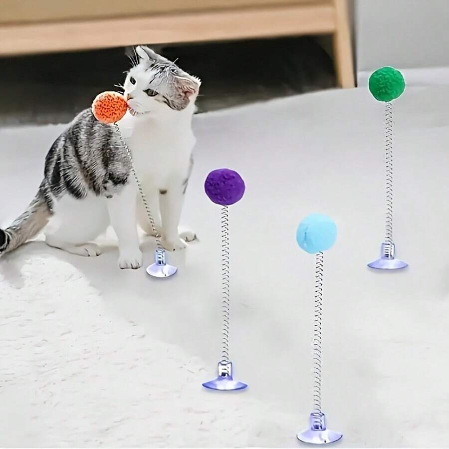 2pcs Set (1 Spring Cat Teaser + 1 Suction Cup Base) / 4pcs Set (2 Spring Cat Teasers + 2 Suction Cup Bases) Random Color - Interactive Cat Toy, Pet Toy, Cat Teaser With Plush Ball, Spring Rod And Suction Cup Base. Cat Puzzle Toy, Cat Energy-Consuming Toy, Attract Cats, Stimulate Hunting Instinct, Enhance Interaction, Exercise Reaction Ability, Pet Supplies, Cat Birthday Gift