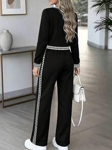 Setelan Jaket dan Celana Lengan Panjang Motif Houndstooth Musim Gugur/Dingin untuk Wanita, Modis dan Elegan, Cocok untuk Perjalanan Sehari-hari dan Tempat Kerja - Hitam - View 3